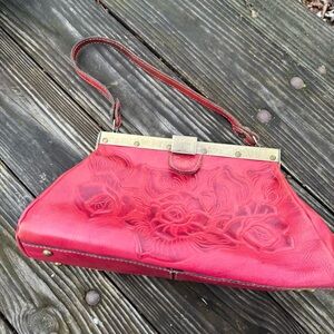 Patricia Nash Ferrara Frame Rose Red Tooled Leather Shoulder Bag Purse